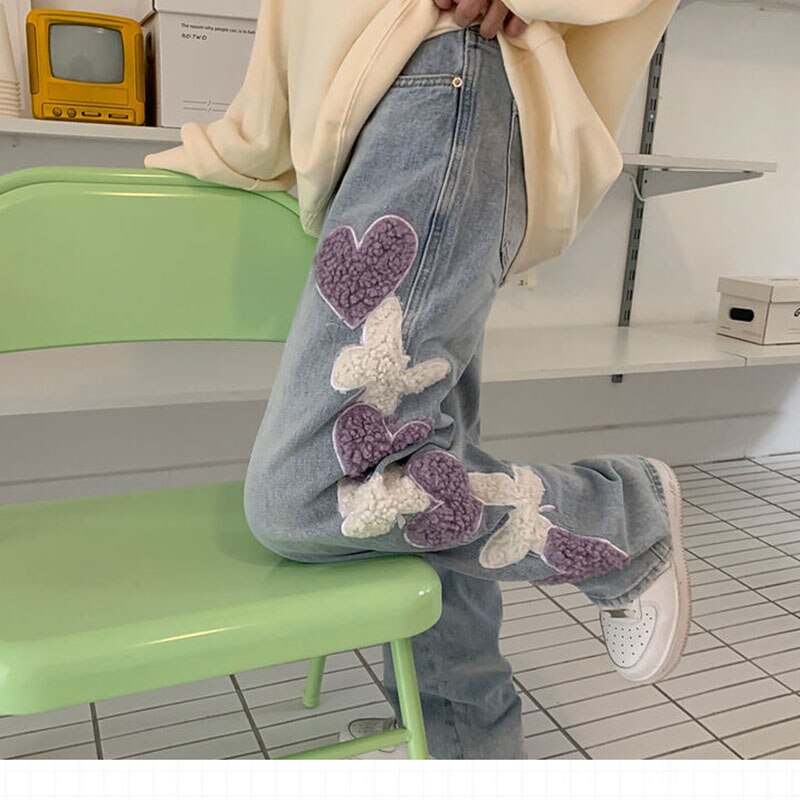 Jean patchwork brodé pour femmes, pantalon en Denim, taille haute, jambes larges, Chic, décontracté, Streetwear, nouvelle printemps