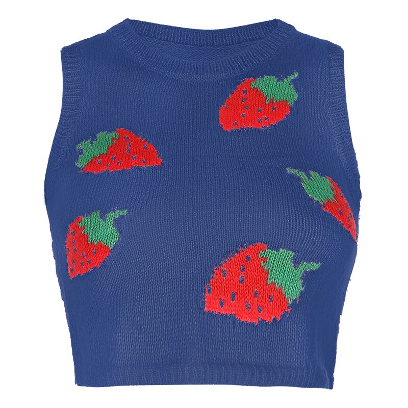 Gilet Tricot Fraise - Style Y2k Sans Manches - Top Court Col Rond: Marine / S