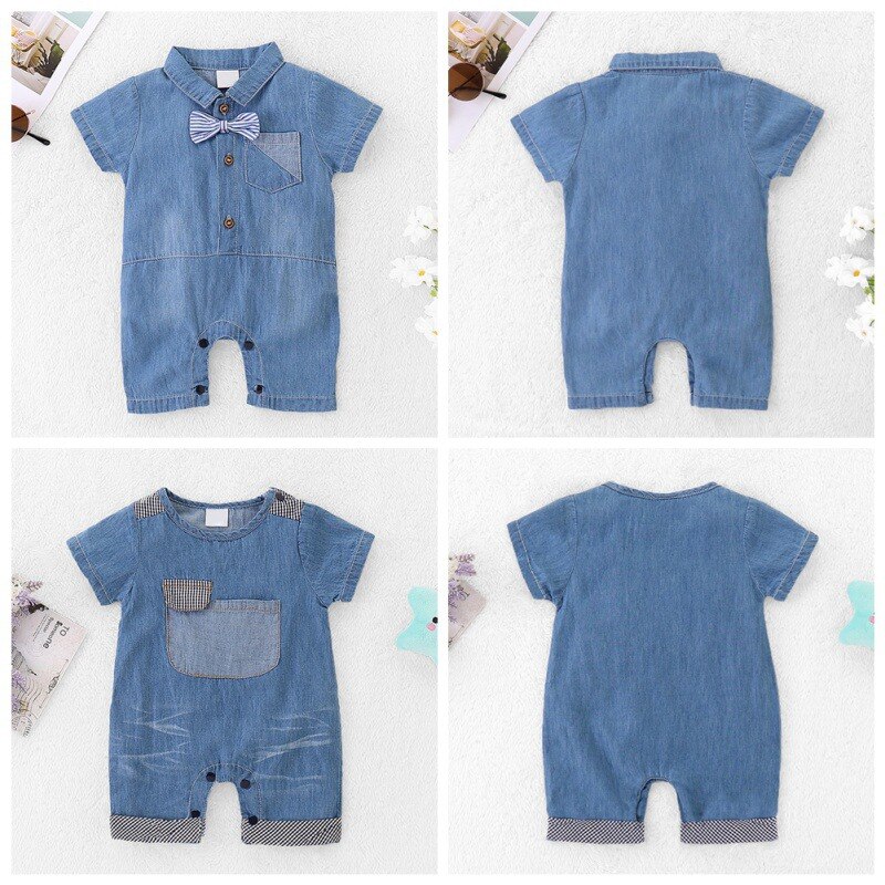 Spædbarn baby dreng denim bukser sød cowboy slips korte ærmer bukser med lomme børn drenge jumpsuit nyfødt tøj 34