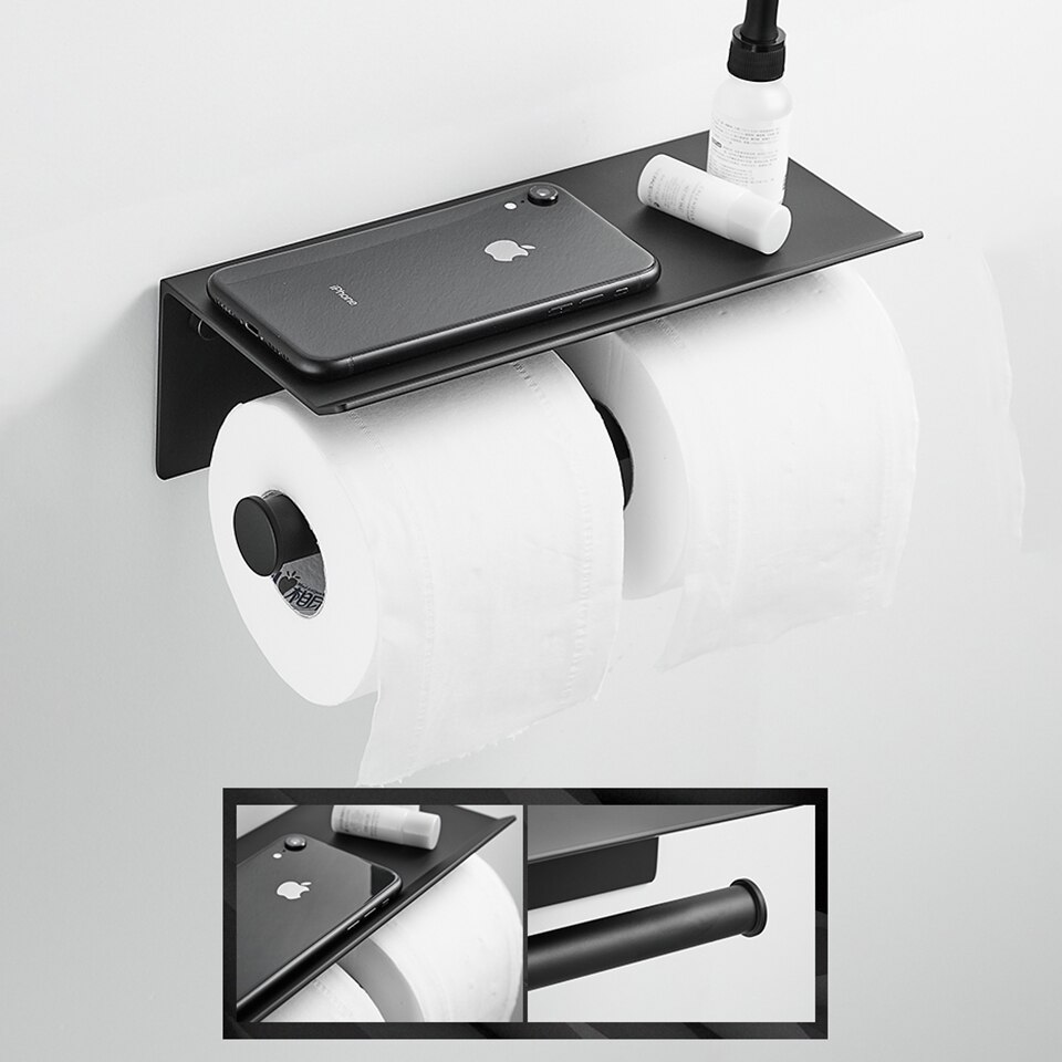 Toiletrolhouder Met Plank Black Wall Mounted Mobiele Telefoon Papieren Handdoek Houder Decoratieve Badkamer Papierrolhouder Creatieve