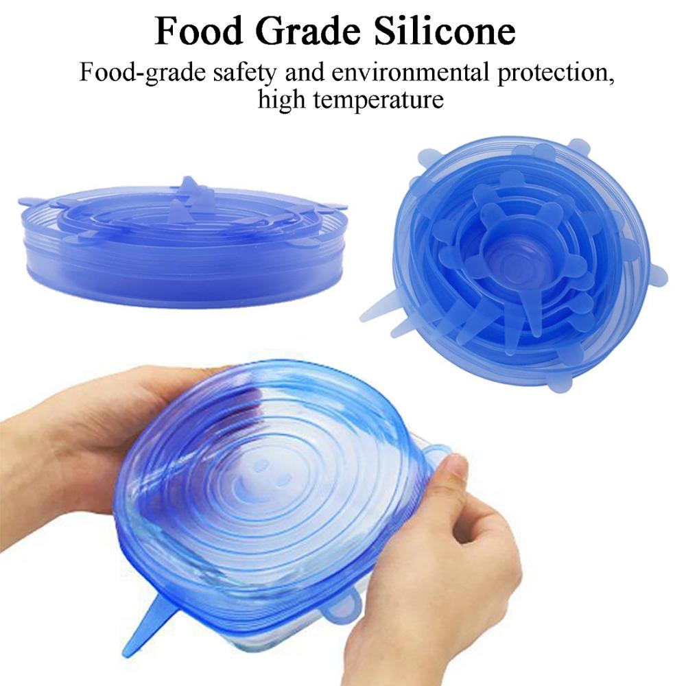 6 stk genanvendelig silikone maddæksel universel elastisk silikone låg til køkkengrej skål pot tapas de silicona para alimentos