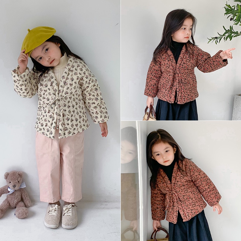 Winter Neue Koreanischen stil 2 farben kleine blume sountryside stil kurze baumwolle Mantel für niedlichen Baby mädchen