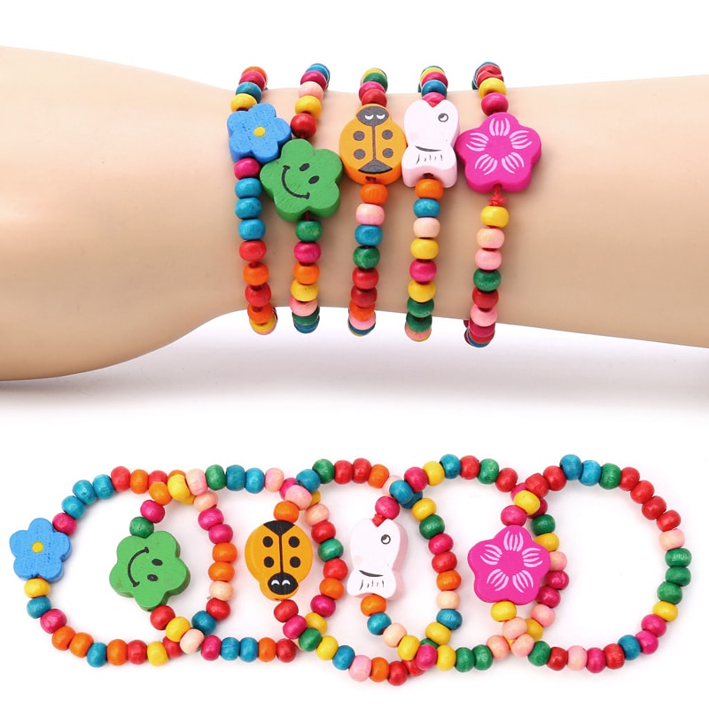 5Pcs Mooie Kids Kinderen Hout Elastische Kraal Armbanden Verjaardagsfeestje Sieraden