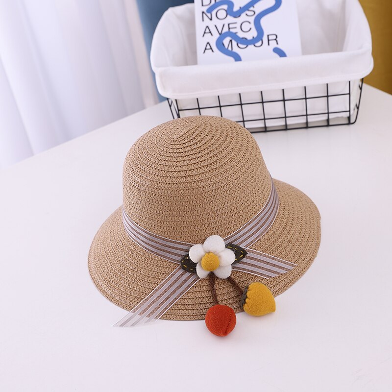 Summer Sweet Cute Flowers Kids Straw Hats Children Beach Cap Baby Photography Props Baby Girl Hat Sun Visor Caps: Khaki