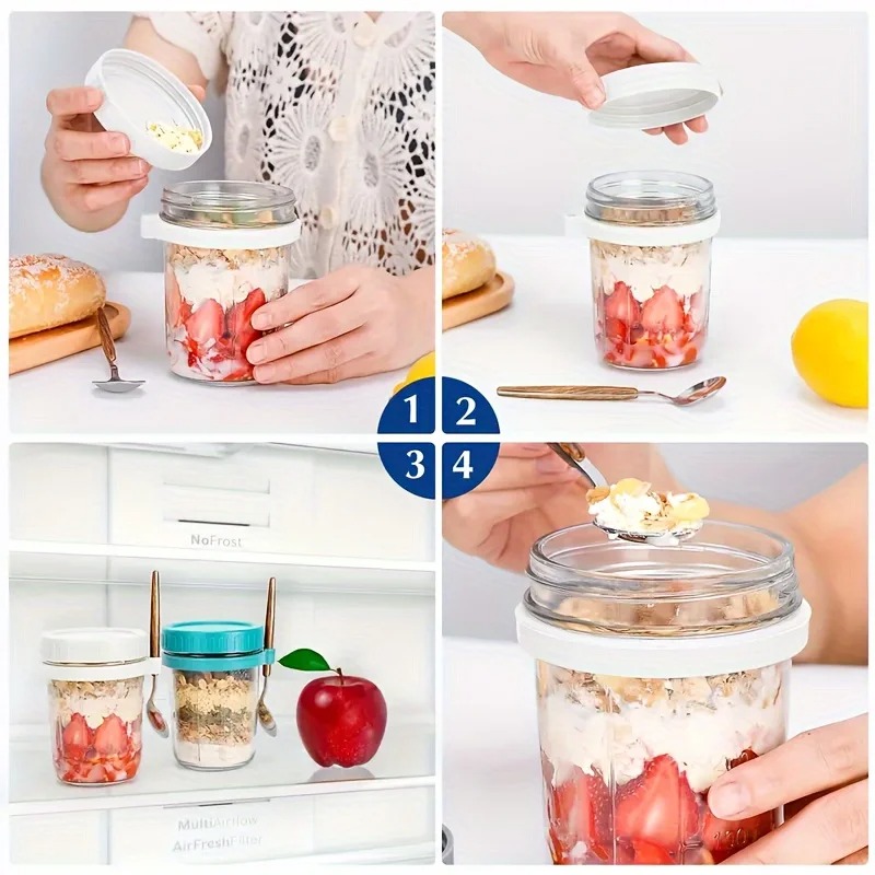 Taza de avena nocturna de 350ML, vaso con tapa y cuchara, taza para desayuno, taza portátil para cereales, leche, ensalada, yogur, artículo de cocina