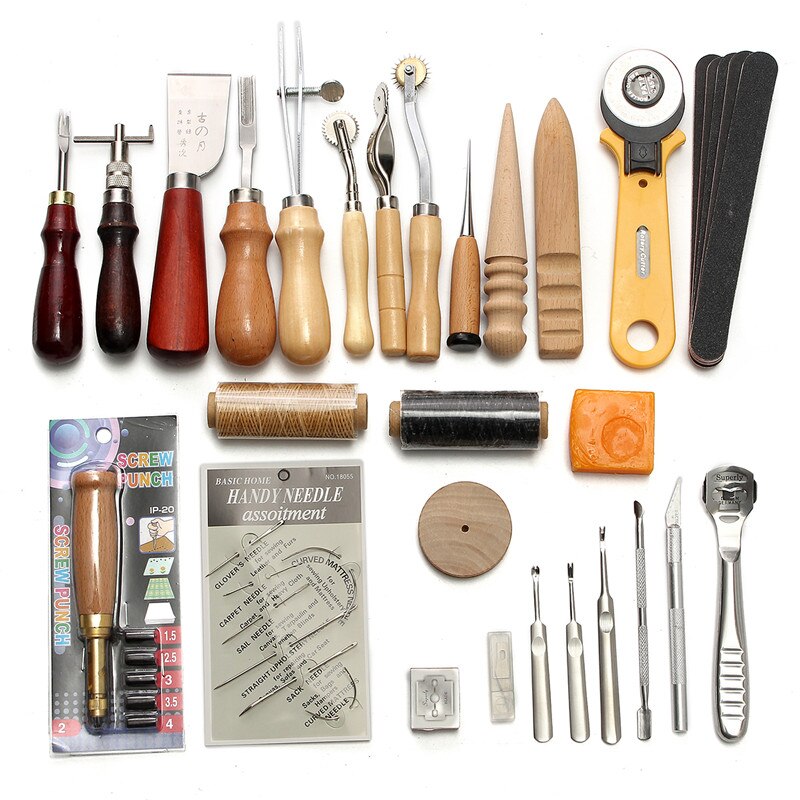 37pcs KiWarm Leather Craft Tools Kit Hand Sewing Stitching Punch Carving Work Saddle Leathercraft Accessories DIY