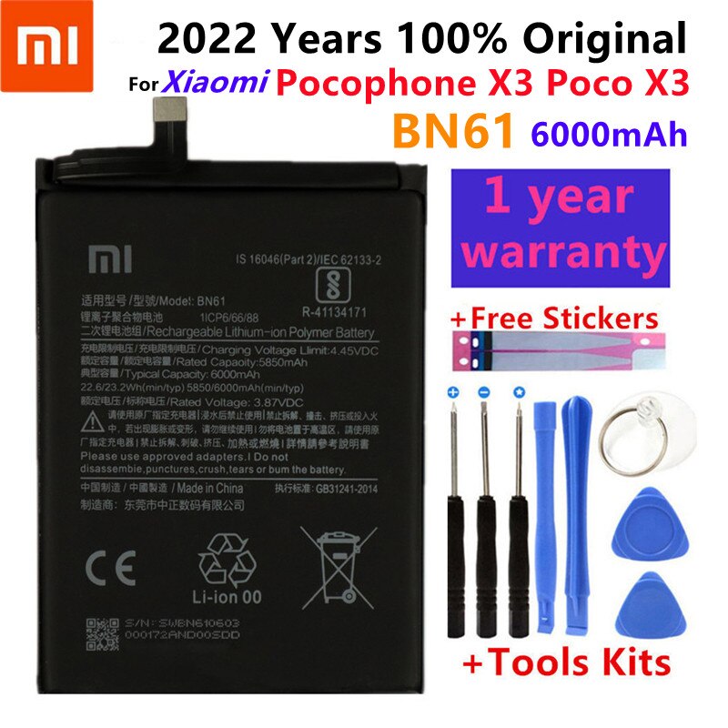 Xiao – batterie de téléphone d&#39;origine mi BN57 BN61, 2022 mAh, 100% 6000, pour Xiaomi Pocophone X3 Poco X3 Pro, Batteries de remplacement + outil