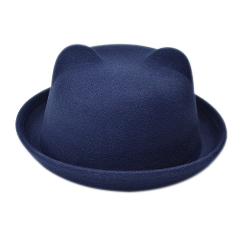 Women Cat Ears Cap Jazz Bowler Felt Fedora Hat Spring Autumn Cylinder Caps Bonnet