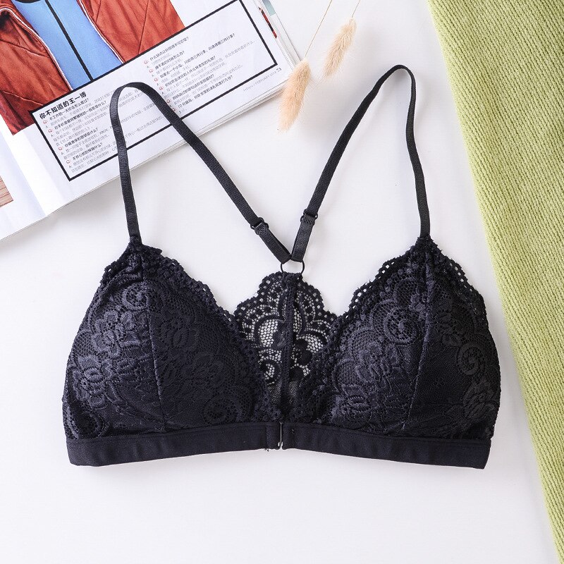 Lace Bralette Front Closure Bra Women Sexy Push Up Bra Thin Underwear Female Sexy Lingerie Padded Brassiere Push Up Bra: black