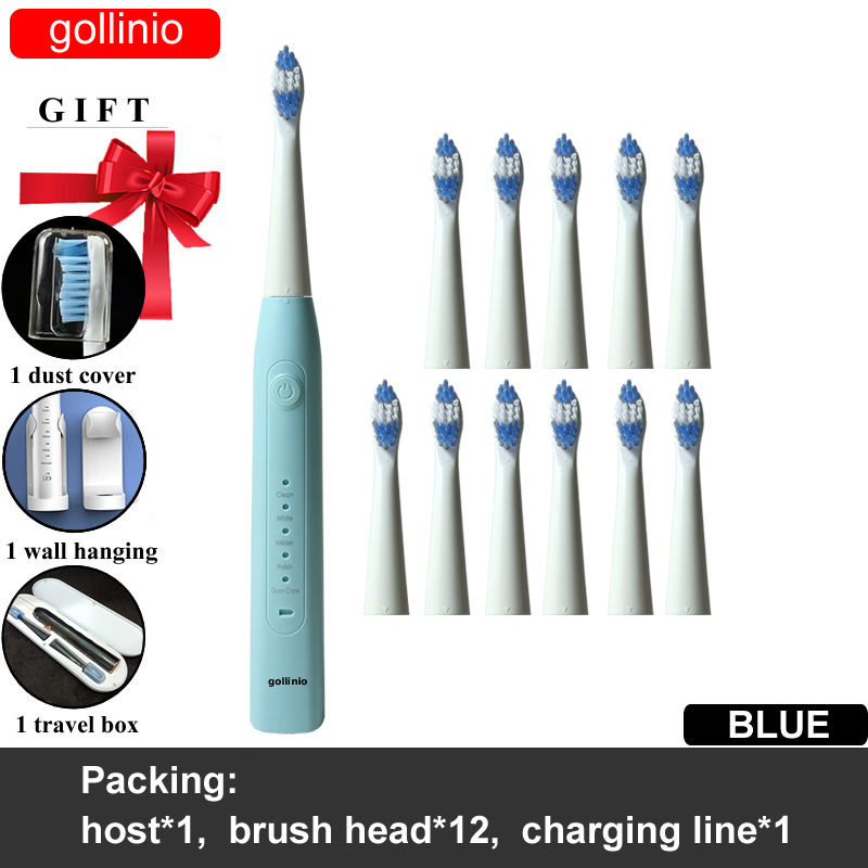 Gollinio Electric Toothbrush usb fast charging GL09F Adult teeth brush Rechargeable smart Replacement Head: GL09BLUE12H-HB