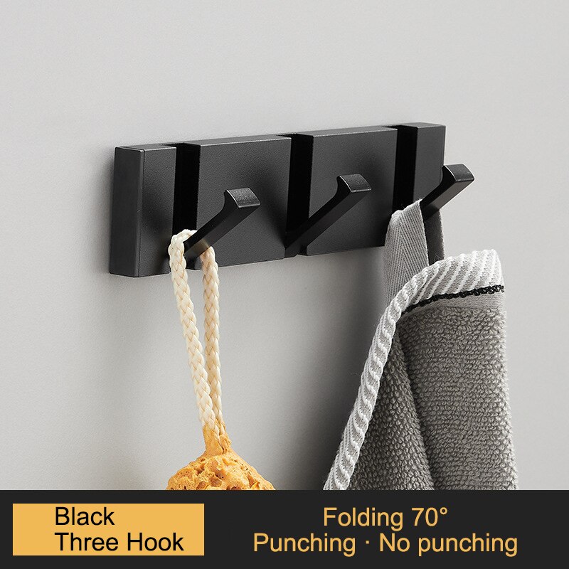 Porte-serviettes pliant Non marquant, sans poinçon, crochets muraux, porte-vêtements, pour salle de bains, cuisine, chambre à coucher, couloir: All Black 3 Hook 70