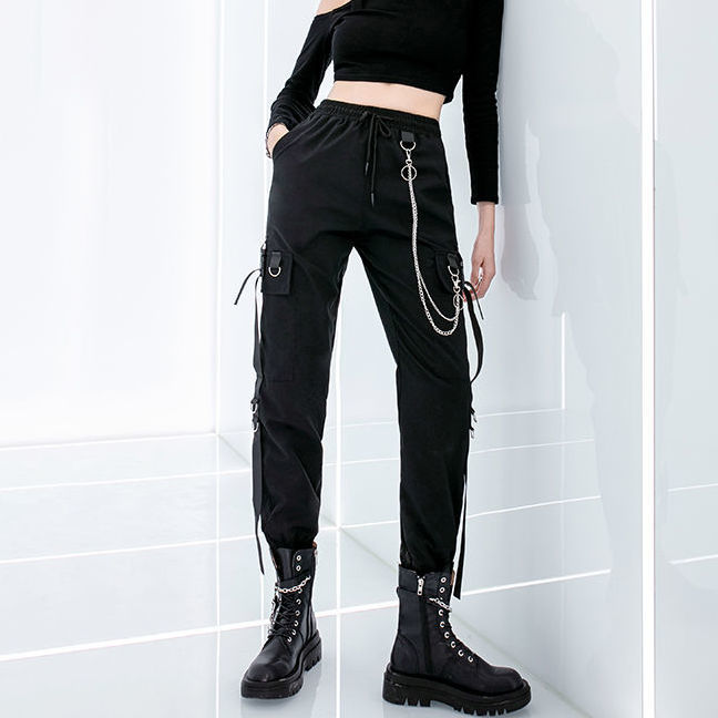 Harajuku sorte cargo bukser kvinder kæde brede ben hip hop streetwear kvinder bukser løse kvindelige baggy bukser mænd