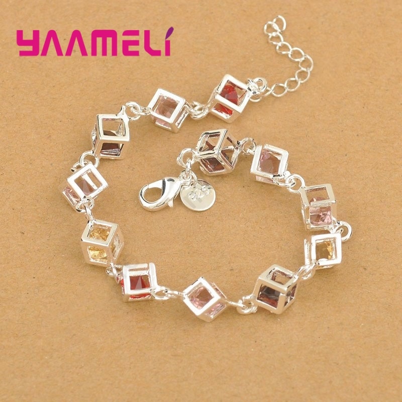 Sweet Valentine's Shining 925 Sterling Silver Multicolor Cubic Zircon Stone Heart Charms Women Ladies Bracelet: Cube