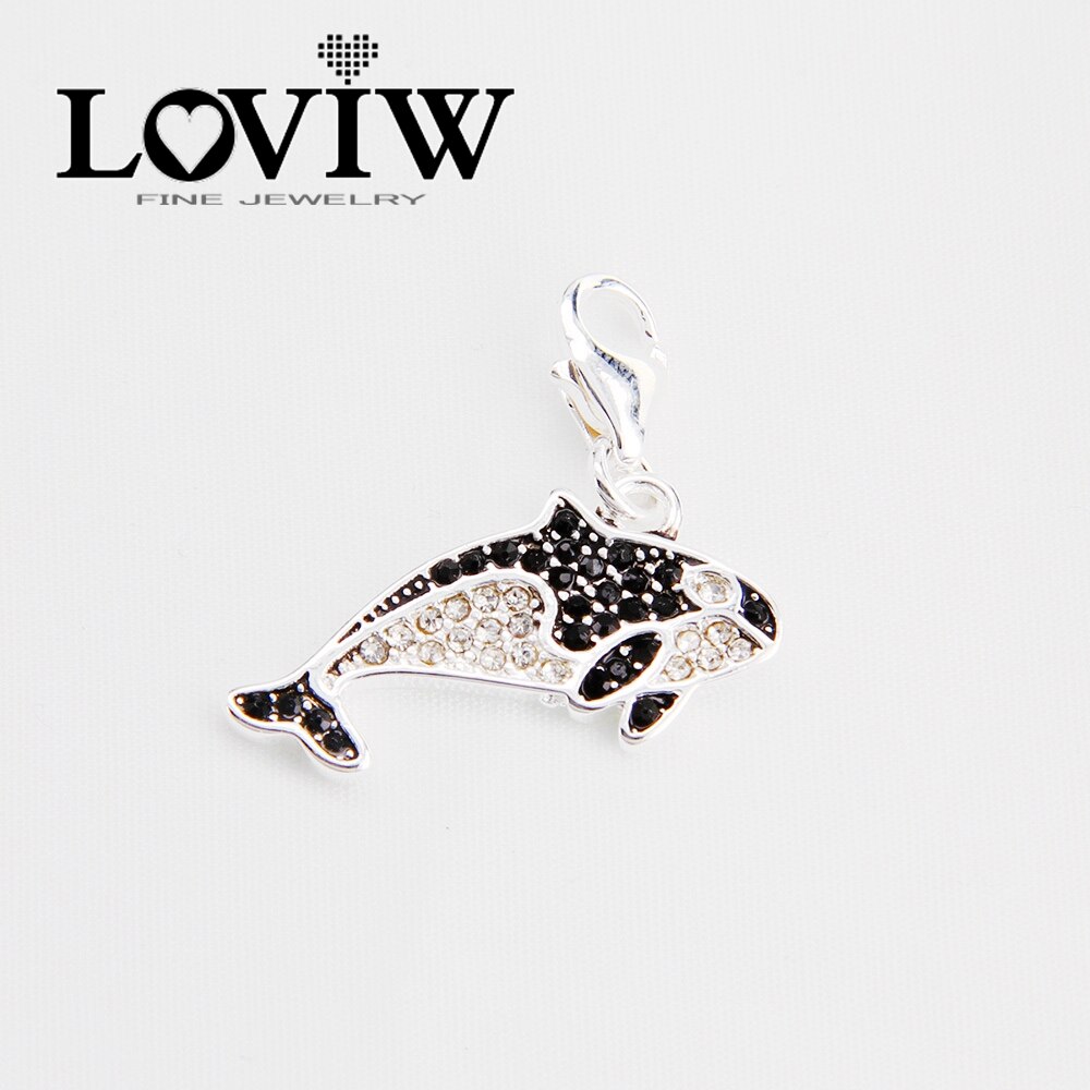 Orca Shark Charm Vrouwen stijl Zwart-wit Zirconia Pave Zilver Charm Voor Dames Breloque