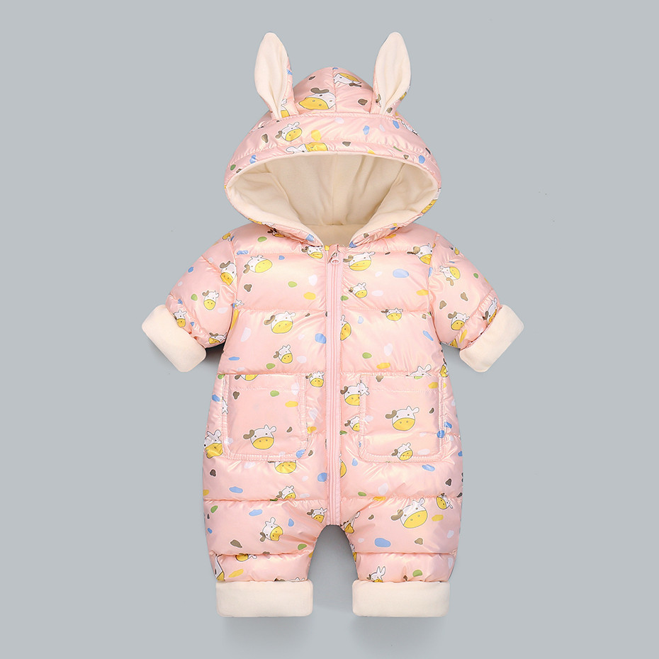 Pelele cálido para bebé, ropa gruesa de algodón con capucha, mono de dibujos animados para niño y niña de 0 a 24 meses, otoño e invierno, novedad de: Rosa / 5-10M
