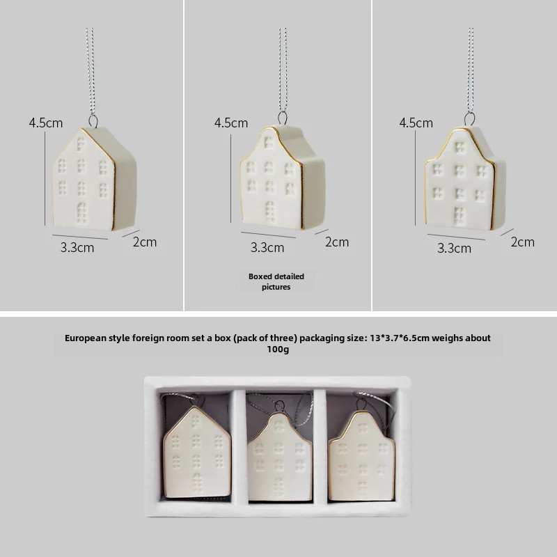 Keramisk julepyntsett med 3 glødende snøhuspynt små scenedekorasjoner til hjemmekontor: Rød