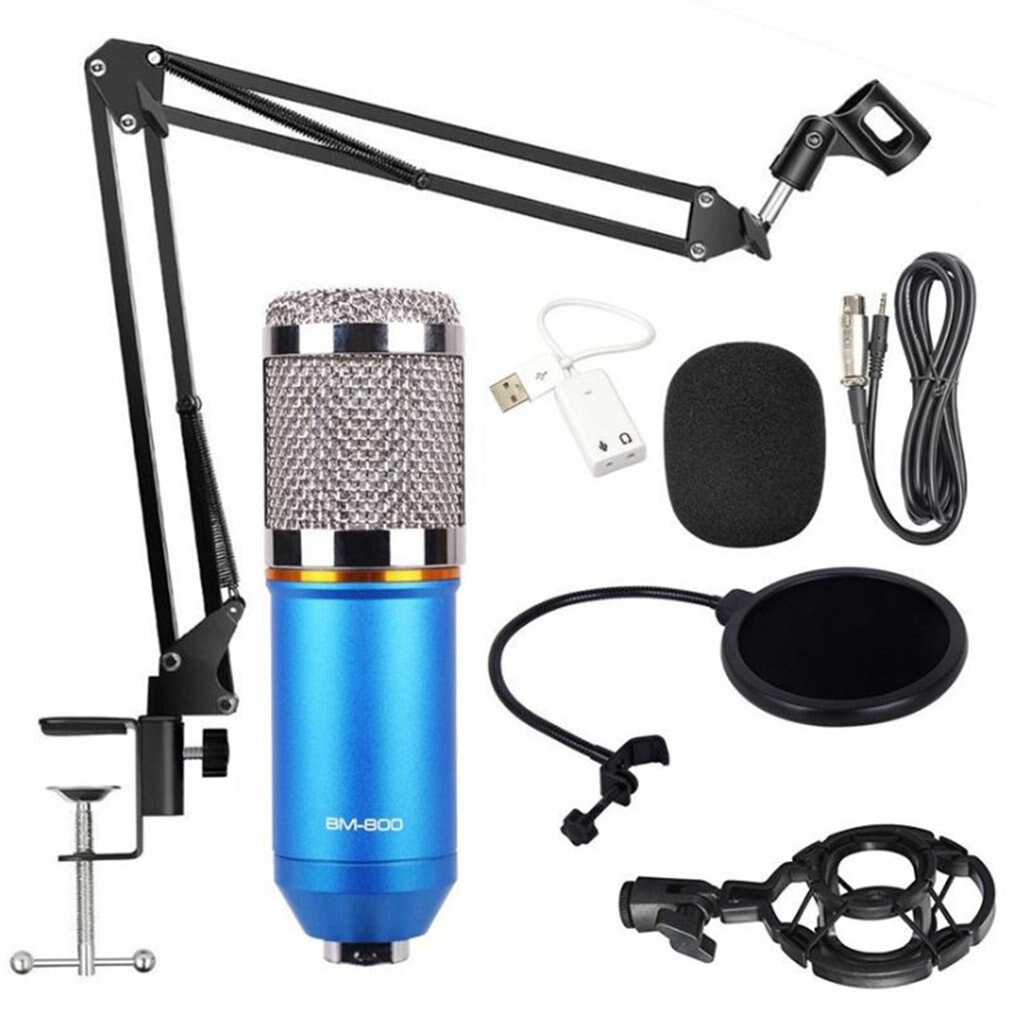 BM-800 Condenser Microphone Studio Recording Kits bm800 Karaoke Microphone for Computer bm-800 Mic Stand Phantom Power: blue sliver