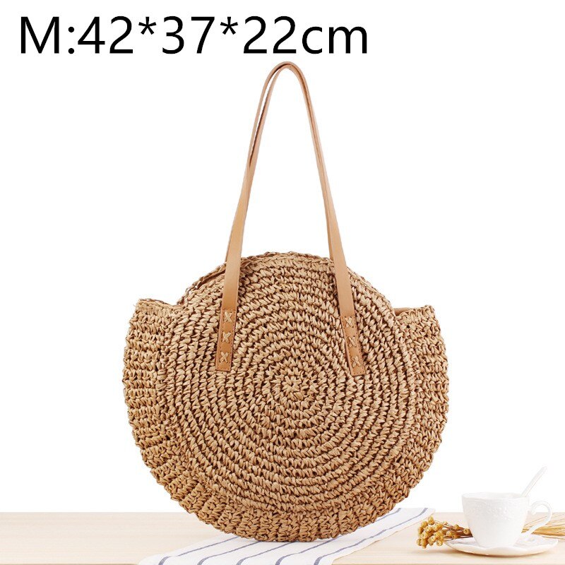 Bolso de playa de paja para mujer, bolsa de rafia tejida a mano de estilo bohemio e informal y con redondo para el verano: Brown  M