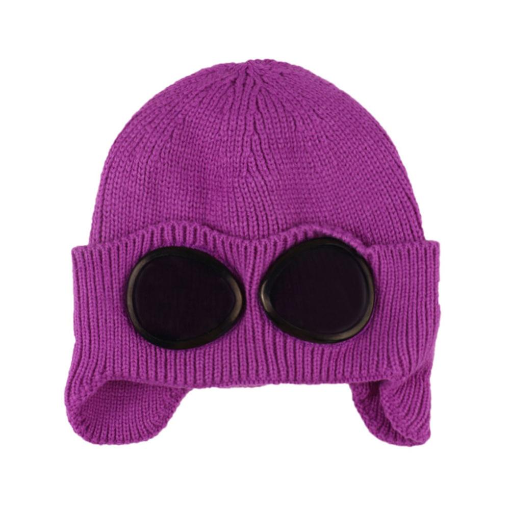 1PC Bunte Winter warm Mütze mit Brille draussen-Sport Gestrickte Kappe Einfarbig Zubehör: LILA