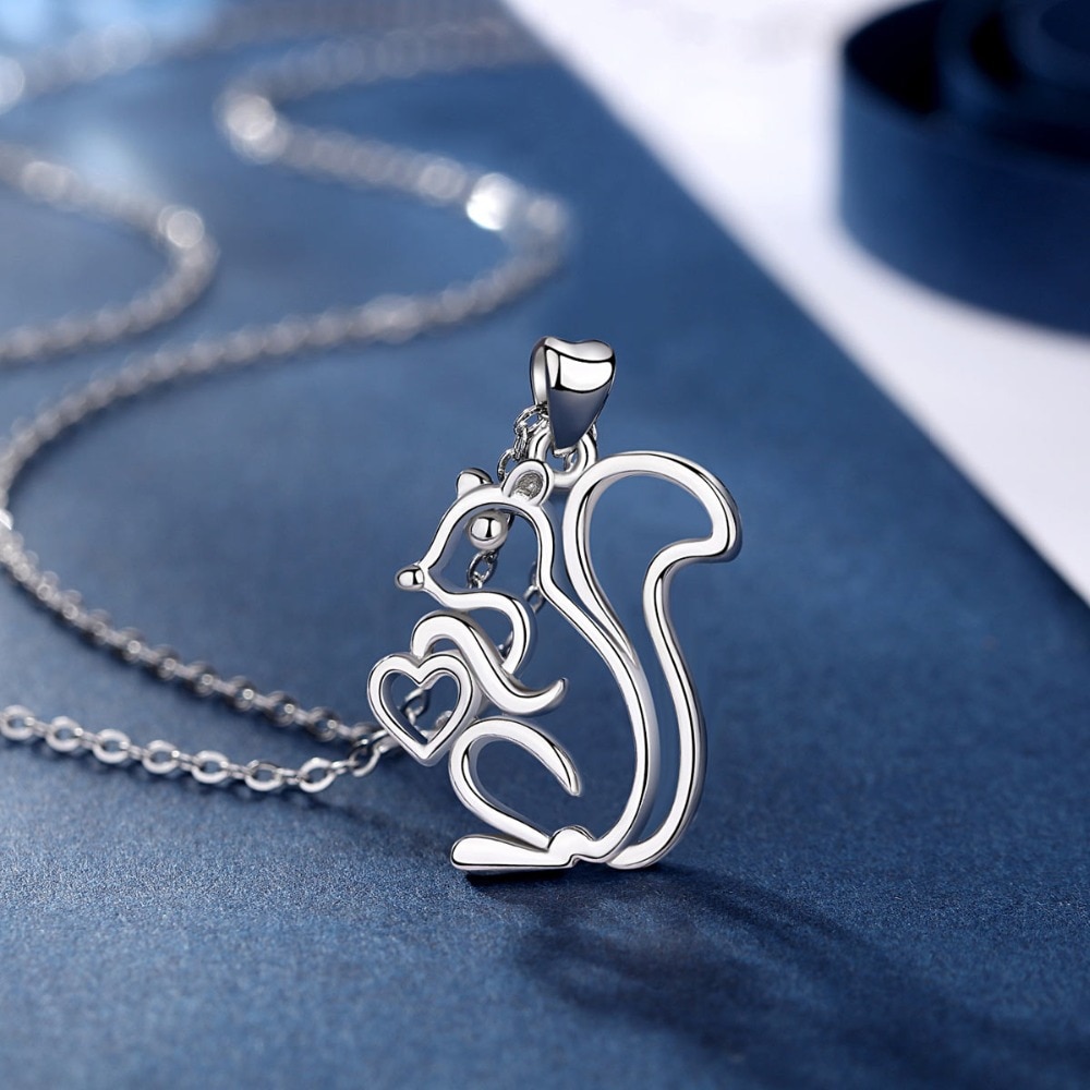 EUDORA 925 Sterling Silver Lovely Squirrel Pendant Big tail squirrel hearts pine cones Necklace Fun Fine Jewelry CYD284