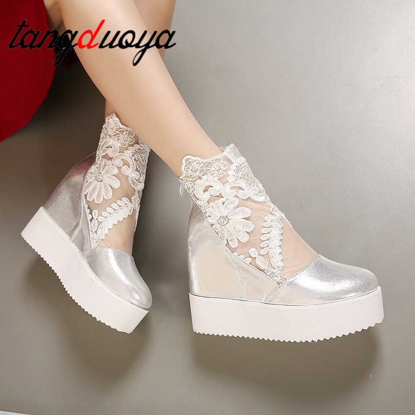 Söta spets romerska skor kvinnor kilklackar vita platform pumps höga klackar zapatos plataforma mujer encaje 34-39