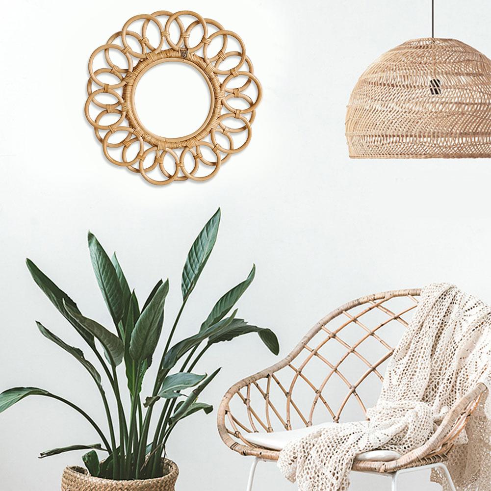 Round Mirror Frame Bohemia Style Crafts Natural Rattan Wall Hanging Mirror Frame Pendant For Living Room Bedroom Decoration