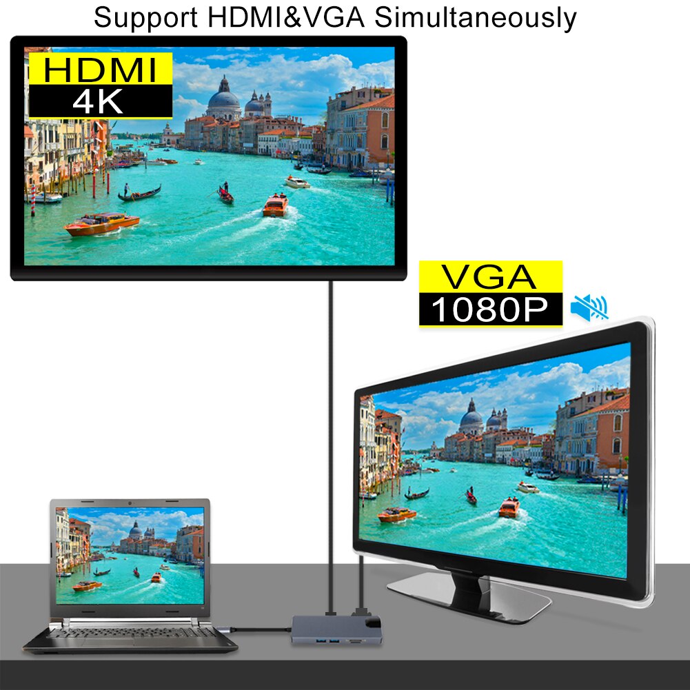 Hub tipo C con adaptador USB tipo C a HDMI VGA RJ45 Lan Ethernet SD TF USB-C 3,0 tipo c PD cargador para MacBook Pro OTG
