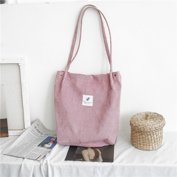 Vrouwen Corduroy Canvas Schoudertassen Vrouwelijke Eco Doek Handtas Tote Kruidenier Herbruikbare Opvouwbare Boodschappentas Katoenen Voering Pouch: Purplish Pink