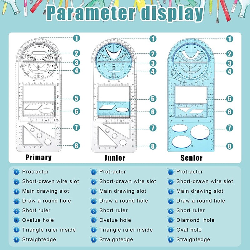 3 Pieces Multifunctional Geometric Ruler Sets Mathematics Drawing Rulers Template Measuring Draft Rulers