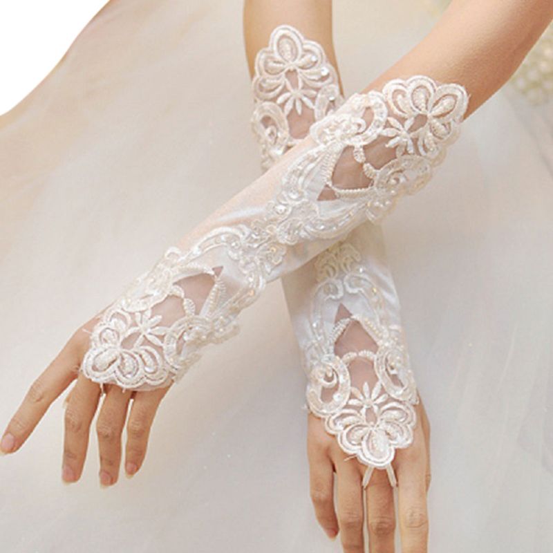 1 par de guantes largos de novia para mujer, sin dedos, bordados, encaje, lentejuelas brillantes, Color sólido, longitud del codo, mitones, gancho para el dedo
