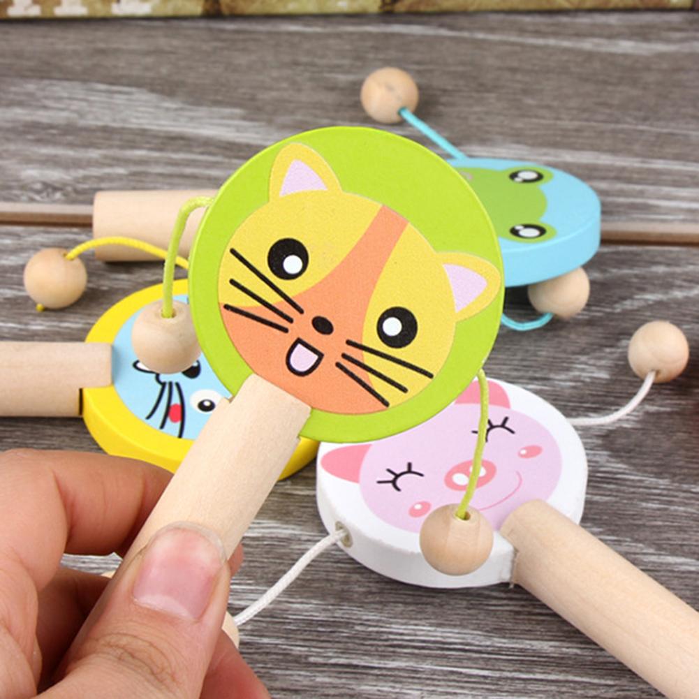 Cartoon Animal Wooden Handheld Musical Rattle Drum Shaker Education Baby Toy Noise Maker Wooden Musical Instrument