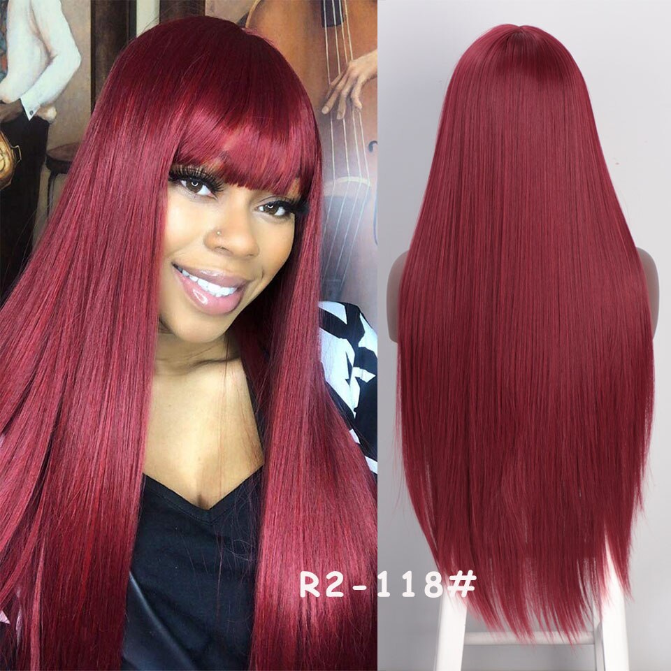I's a wig peruca longa lisa preta com franja, para mulheres negras, peruca sintética vermelha marrom, moda diária, resistente ao calor, traje de cabelo: R2-118