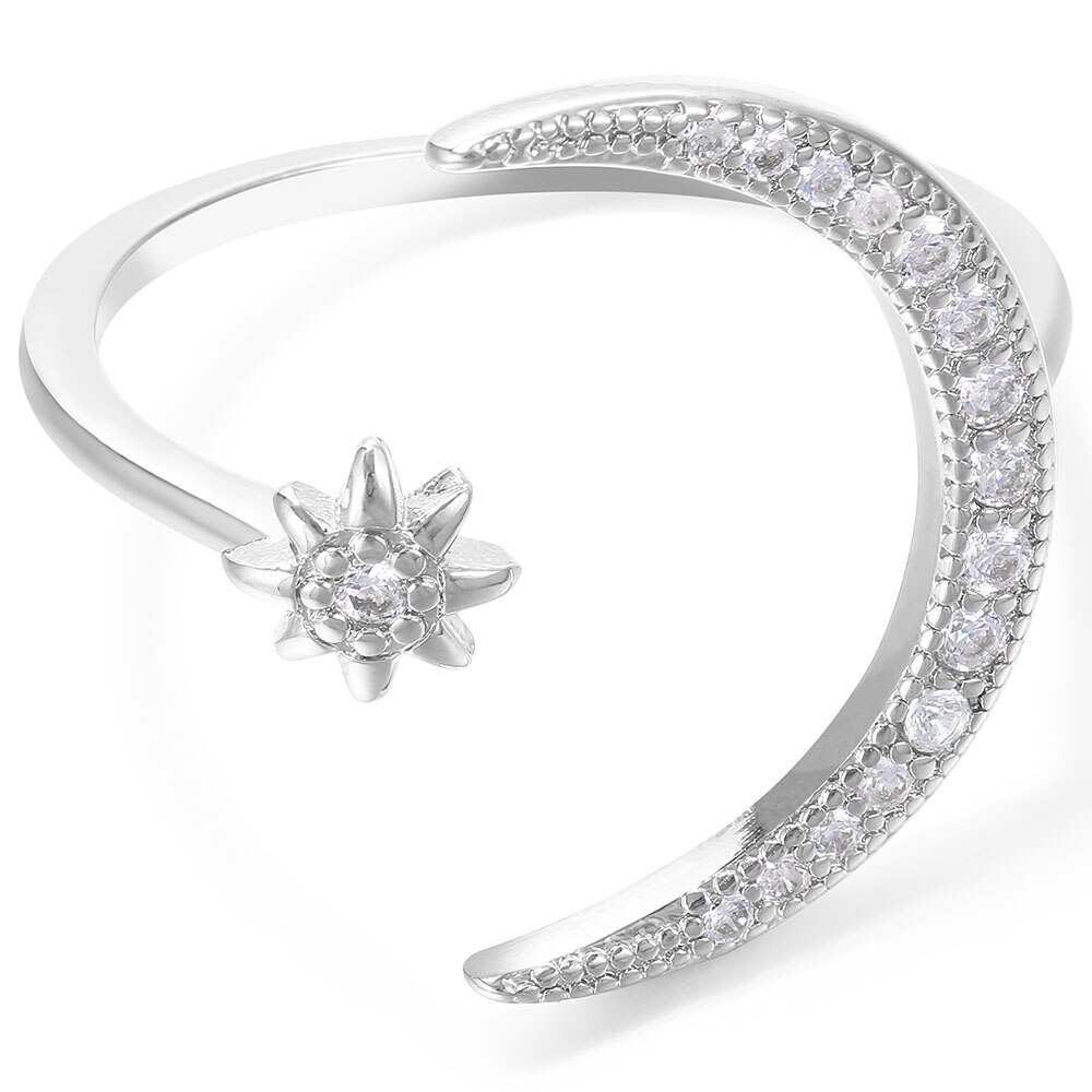 Criatividade design lua estrela anéis redimensionáveis strass mosaico senhoras anel jóias prata cor festa data acessórios de casamento