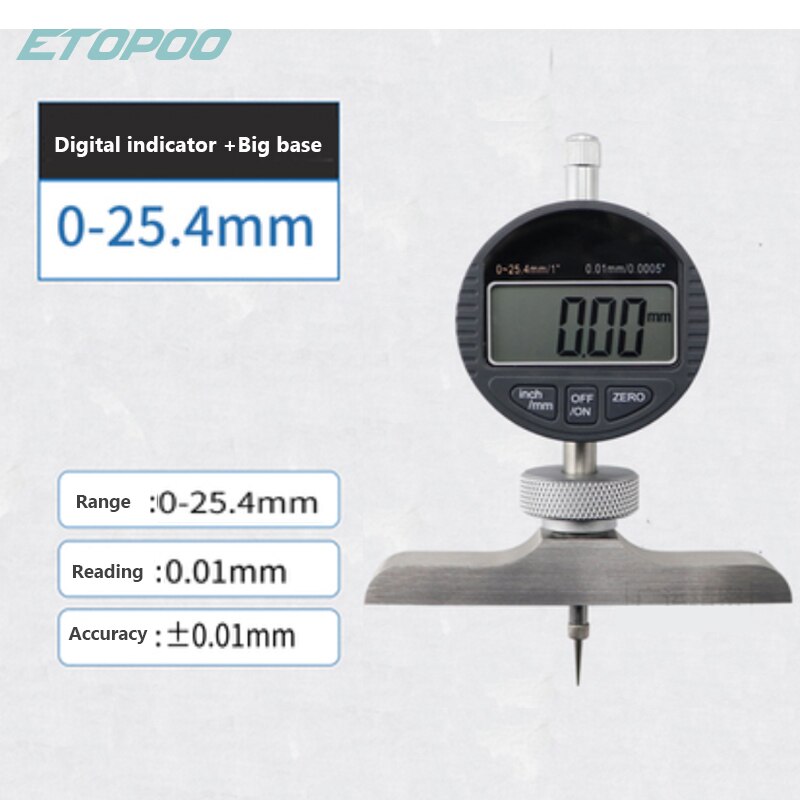 0-12.7Mm 25.4Mm Digitale Wijzerplaat Diepte Gage Met Harden Lichtmetalen Meetkop Dial Meters Diepte Indicator Meten instrument: 25.4mm W base