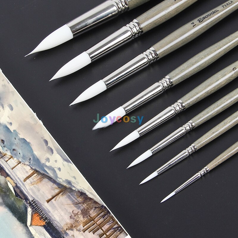 Perla Series 1430 Escoda Pointed Toray Round - Short Handle - Artist Paint Brush, Synthetic White Filament, Watercolor &amp; Acrylic