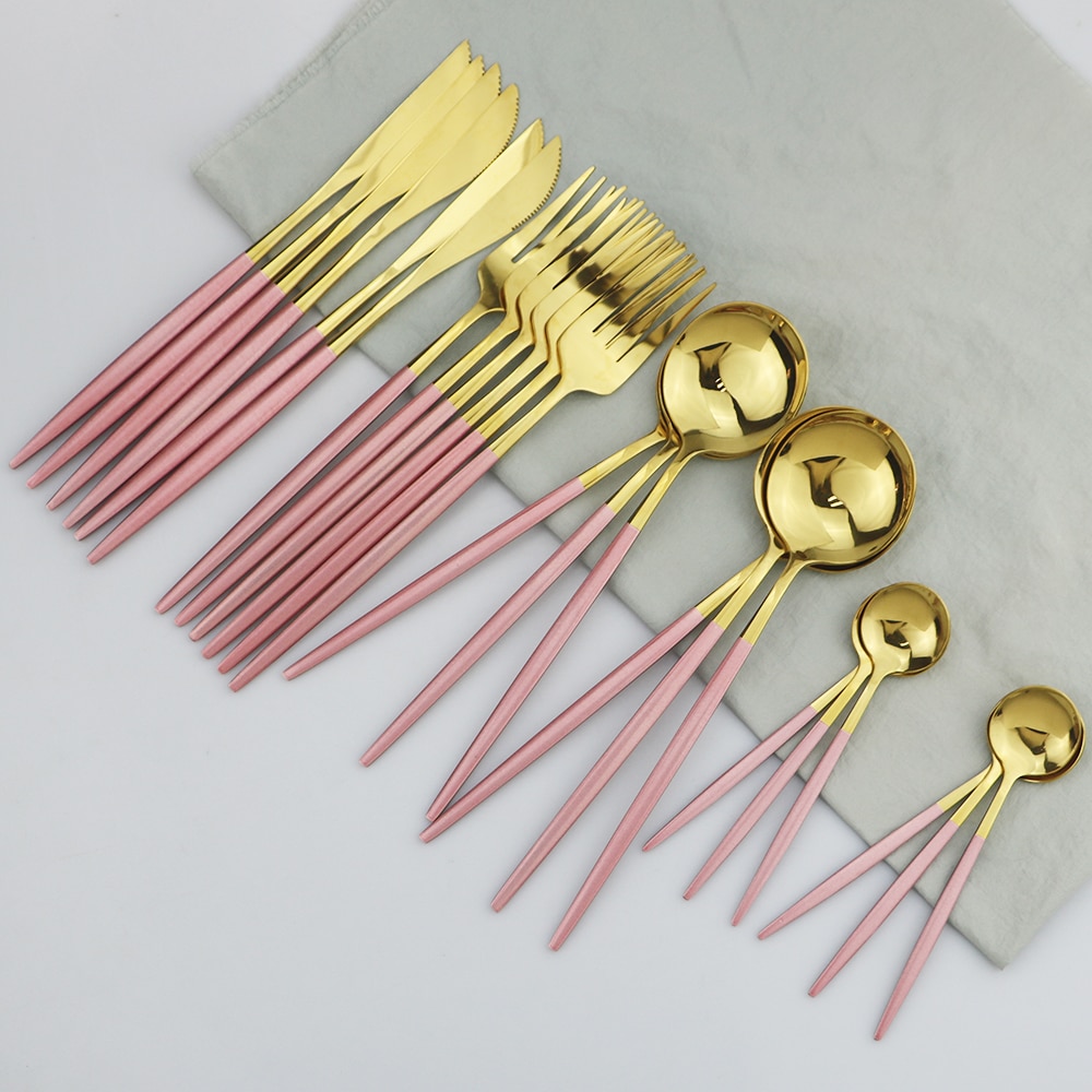 24Pcs/set Rose Gold Cutlery Set 18/10 Stainless Steel Dinnerware Set Knives Forks Spoons Dinner Set Kitchen Tableware Silverware