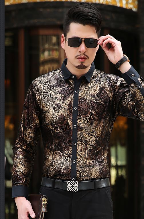 Luxe Mens Vergulden Fluwelen Shirts Formele Paisley Print Zijde Overhemd Mannen Lange Mouwen Business Shirt Slim Fit