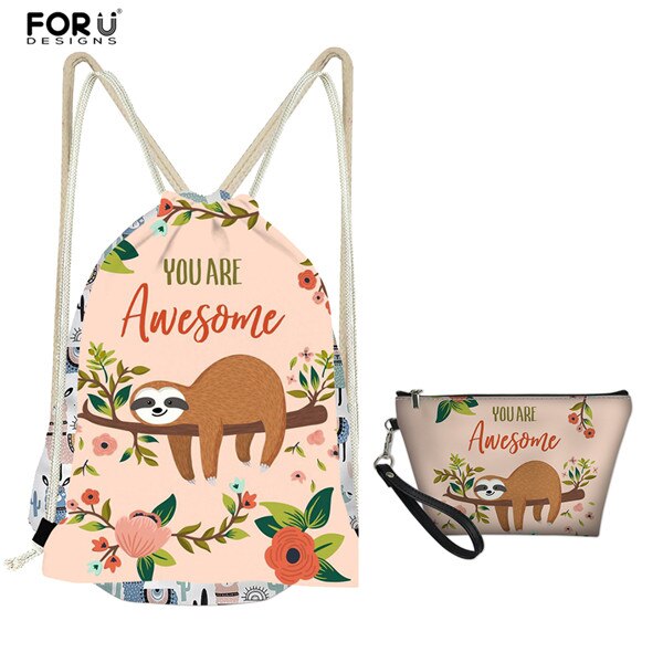 Forudesigns 2 stuks/set trekkoordtas voor dames rugzak klein schattige luiaard print kinderen meisjes trekkoord zak tassen dames boekentas: Hxa 01 z 3 z 8