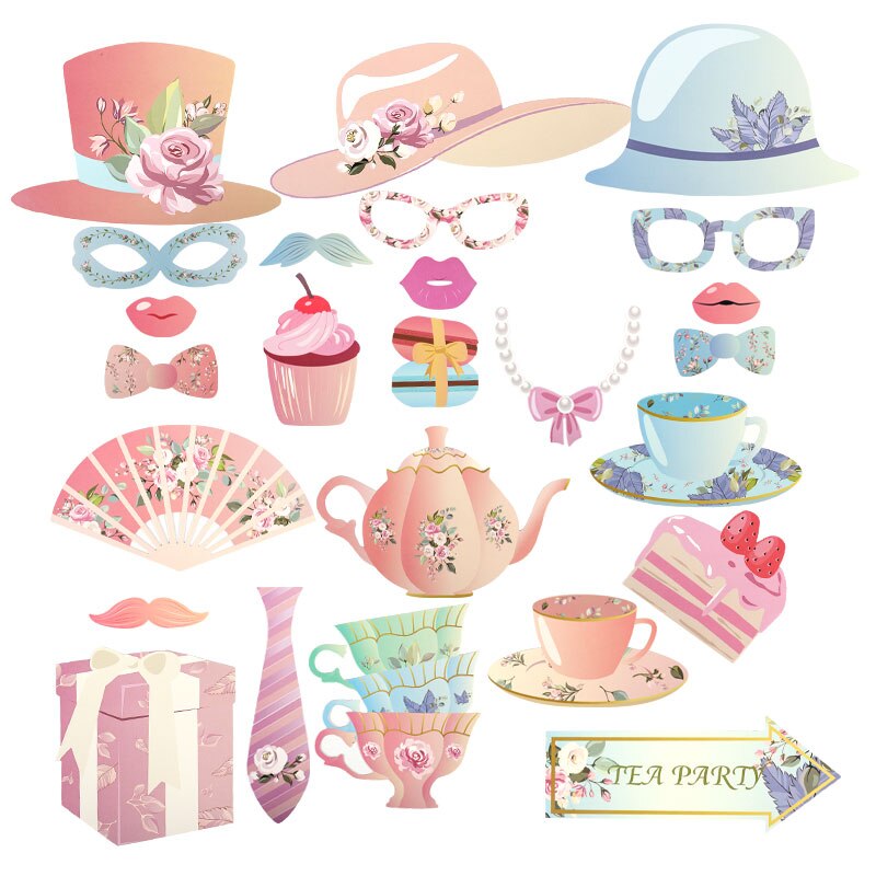 25pcs Funny Tea Party Photo Booth Props Tea Garden Floral Party Decorations DIY Photobooth Photo Props Wedding Party Supplies