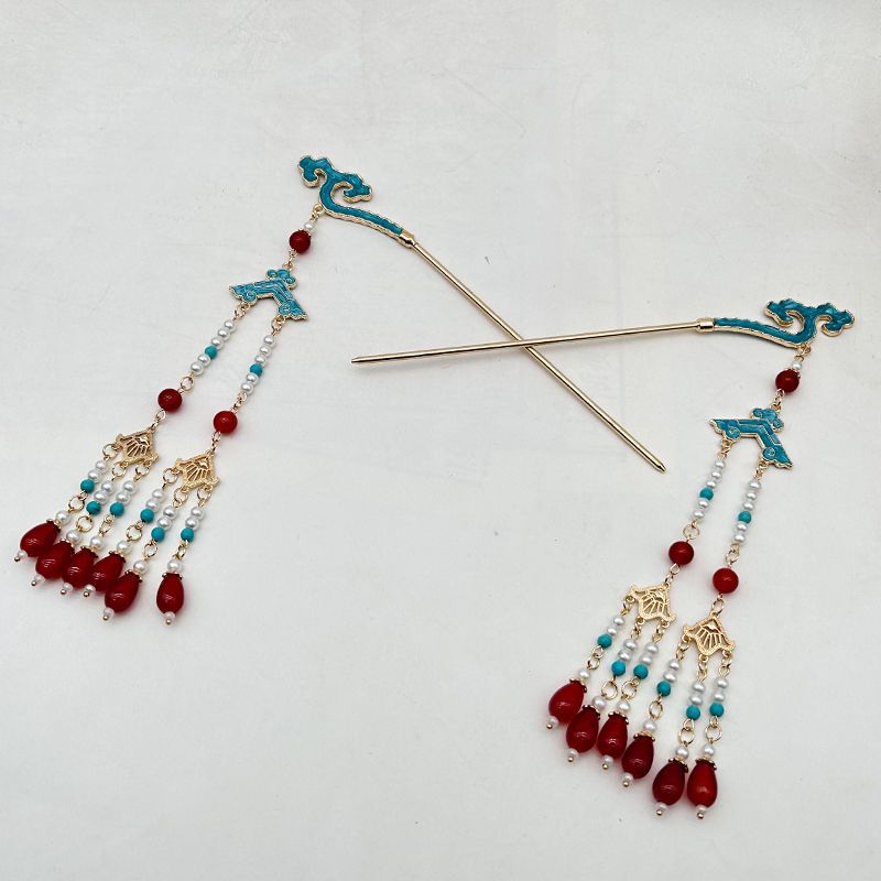 Damehårspænde med blå skyer og lange perler og frynser: Default Title