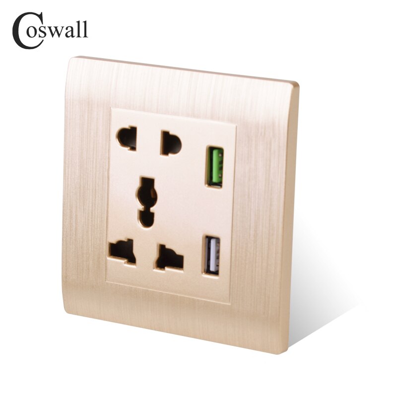 Coswall Universal 5 Pin Wall Socket With 3A Fast USB Charger Port + 2.1A Maxi. USB Charging Port White Gold Color: Gold
