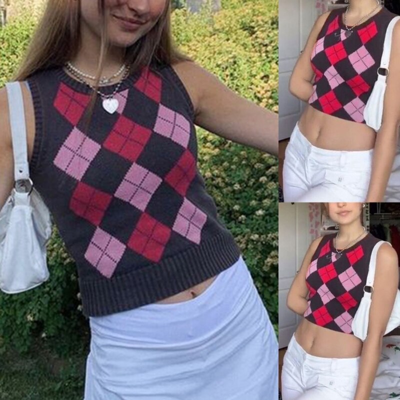 Femmes sans manches tricot pull gilet losange Plaid Preppy Style recadrée débardeur 83XF
