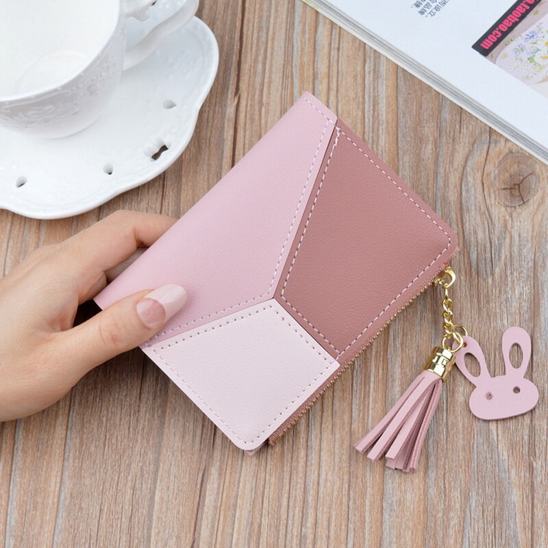 Cartera con cremallera a la para mujer, cartera con borla empalmada, versátil, de cuero PU, tarjetero, billetera encantadora pequeña informal para mujer: Pink