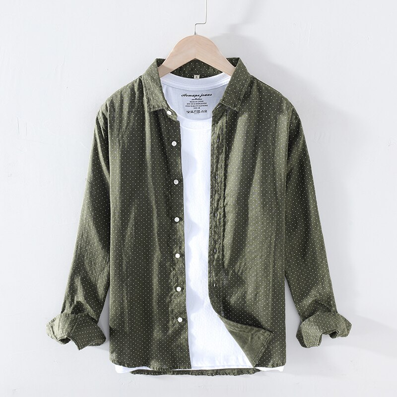 Camisas de primavera para hombre, camisa holgada de lino 100% a la con lunares, ropa de Y2546 de talla grande para hombre: ArmyGreen / L