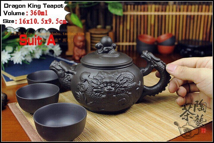 Autentisk 4 stk kung fu te sett [ 1 tekanne  + 3 kopper] 360ml drage vannkoker infusjon yixing tekanner håndlaget zisha keramisk porselen: kjole a
