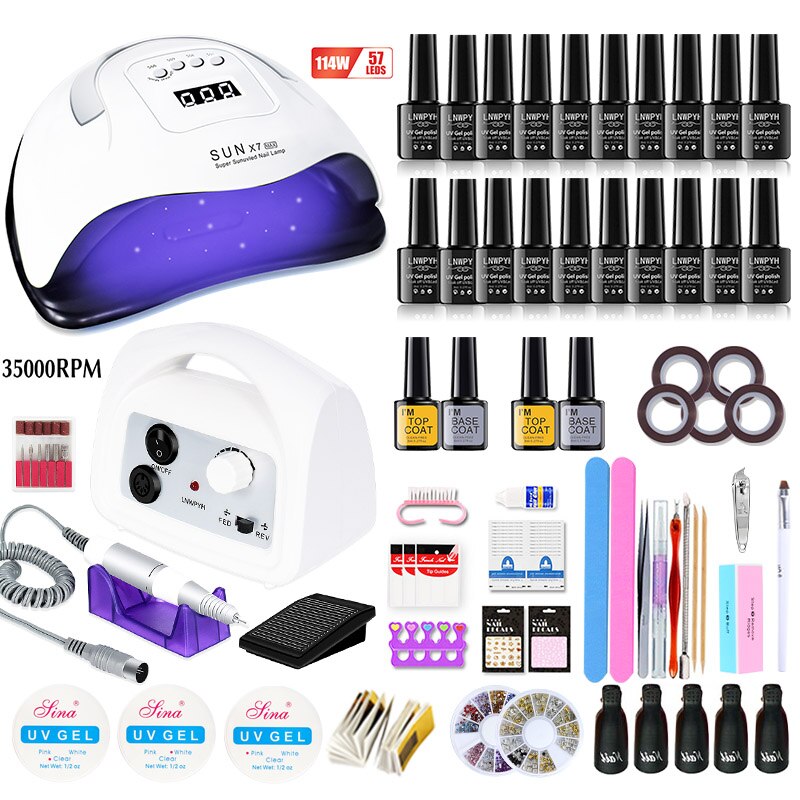Manicure Set and Electric Nail Drill Machine with 114W UV Led Nail Lamp Drying Nail Set 30/20/18/10 Colors UV Nail Polish Kit: 114w 20 colors white