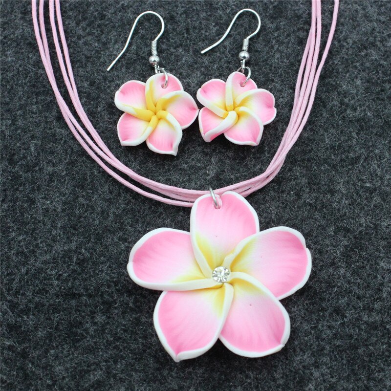 Girl Women&#39;s Fimo Flower Jewelry Sets Hawaii Plumeria Flowers Jewelry Sets Fimo Polymer Clay Earrings Necklace Pendant: Pink