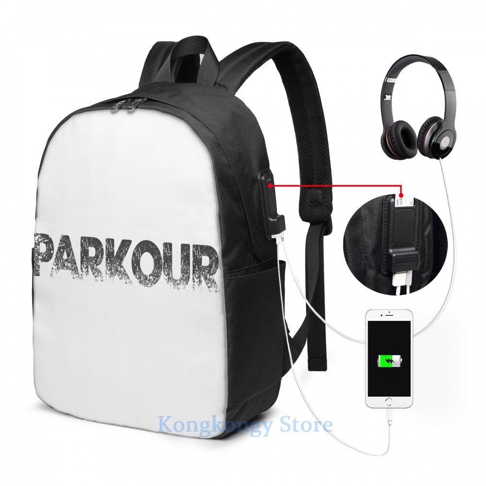 Funny Graphic print Parkour USB Charge Backpack men School bags Women bag Travel laptop bag: USB Backpack 17 in