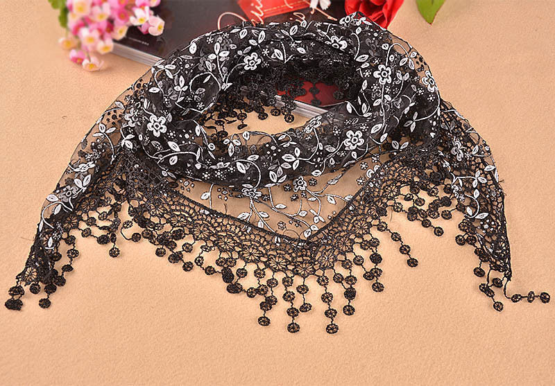 Women's Triangle Wrap Floral Women's Scarf Pure Laces Tassel Triangle Scarf Chiffon Stole Soft Scarves: Black