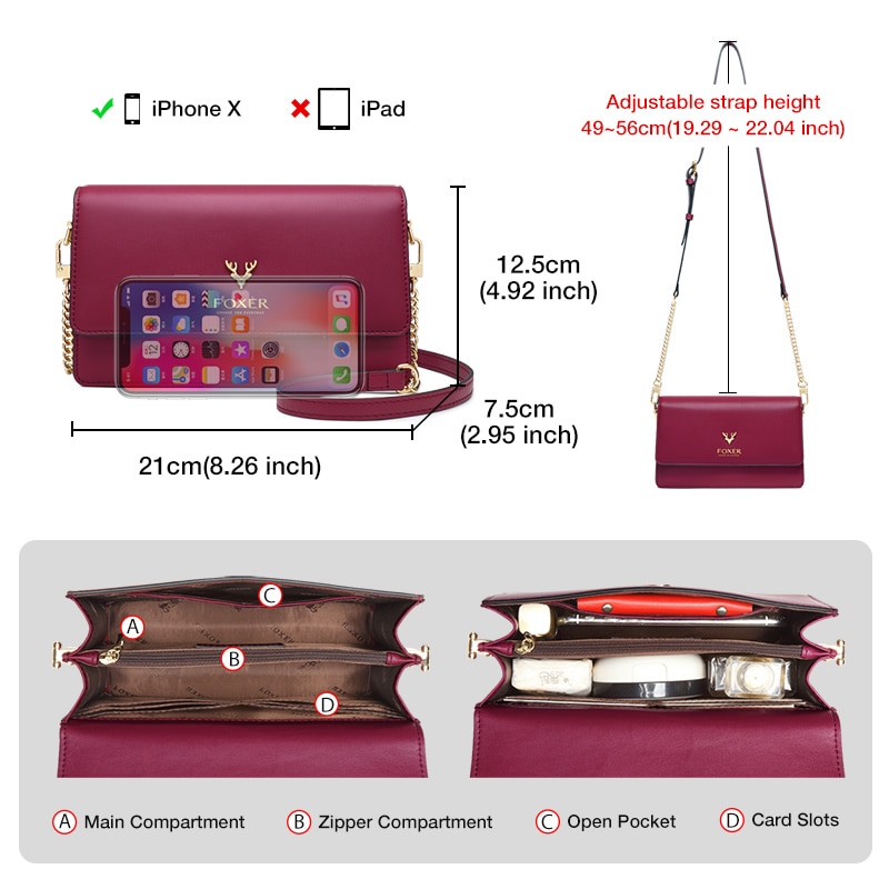 FOXER Women Split Leather Crossbody Bag Lady Shoulder Bag Casual Travel Purse Korean Version Messenger Bag Small Handbag